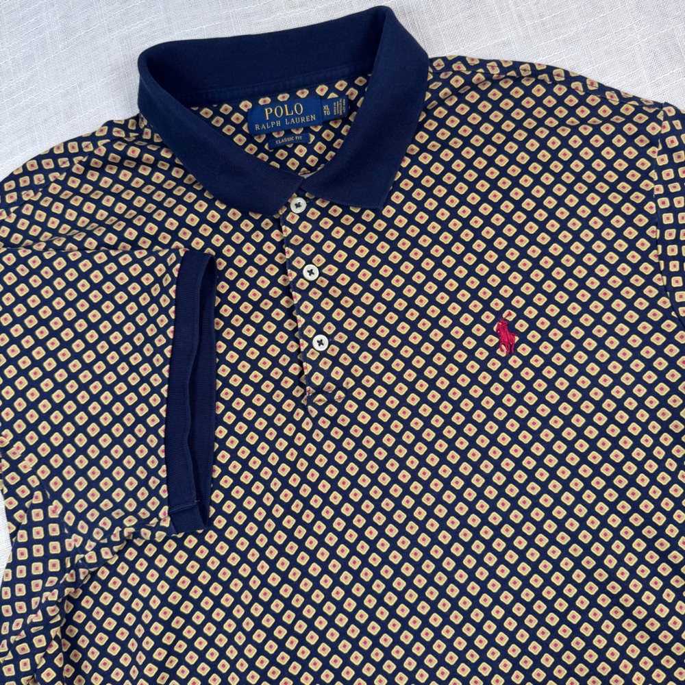 Polo Ralph Lauren Men XL Polo Shirt Classic Navy Geometric Diamond Preppy Golf
